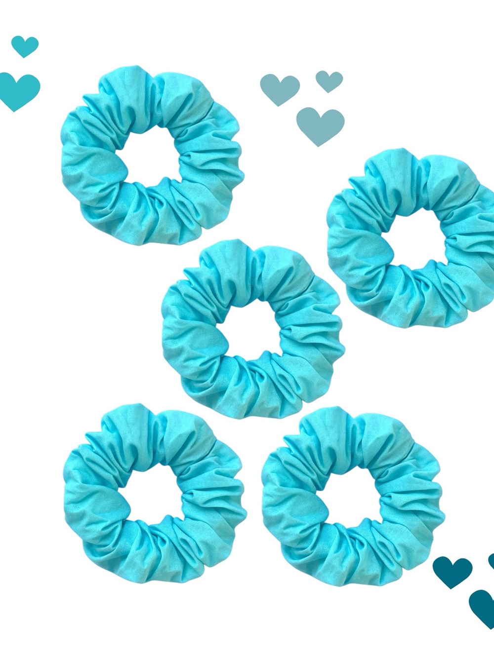 Bright Teal Hair Scrunchie Set. 5 Soft cotton hair ties. - Picture 6 of 8